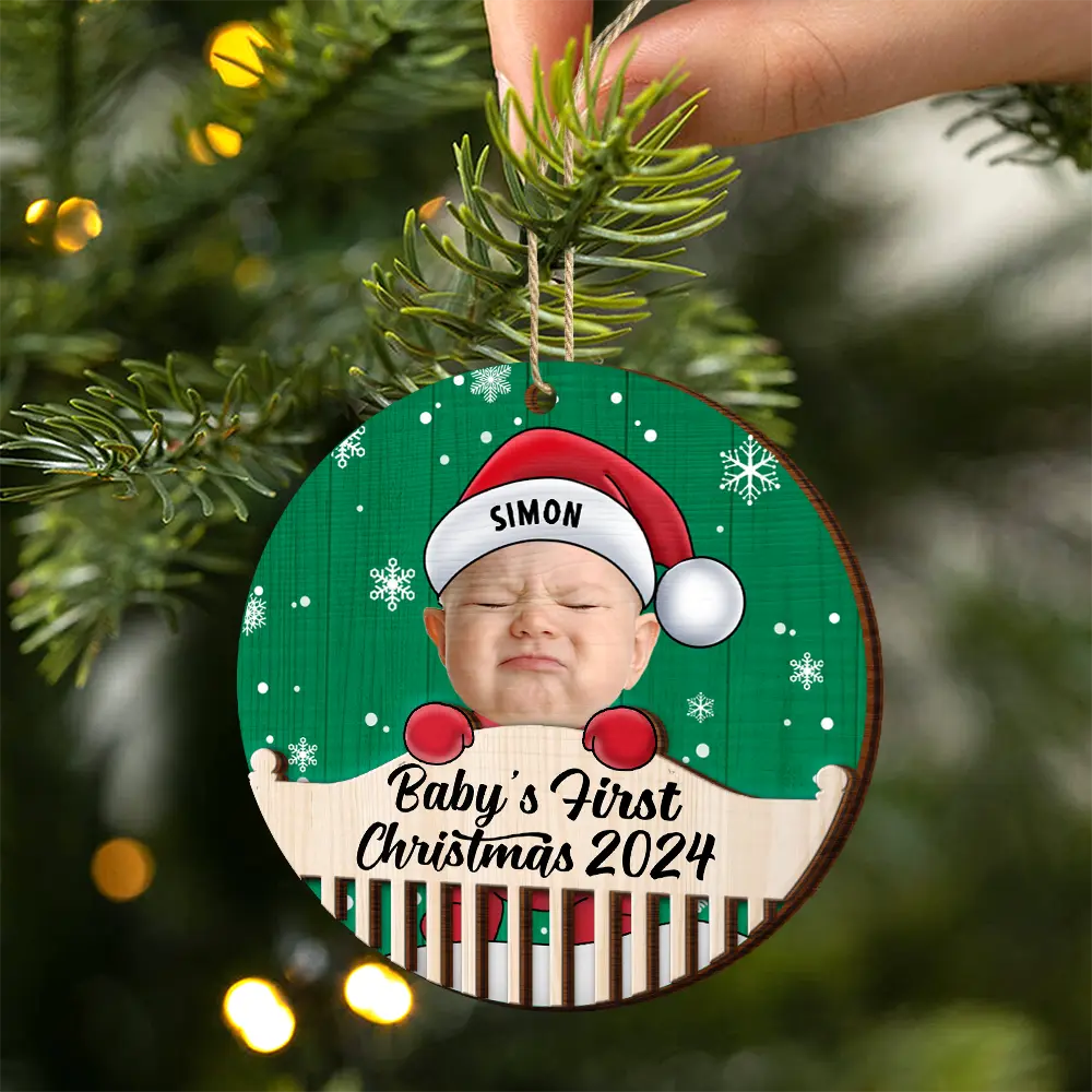 New baby, New Dad, New Mom - Custom Photo Christmas Baby Crib - Personalized 2-Layered Wooden Ornament