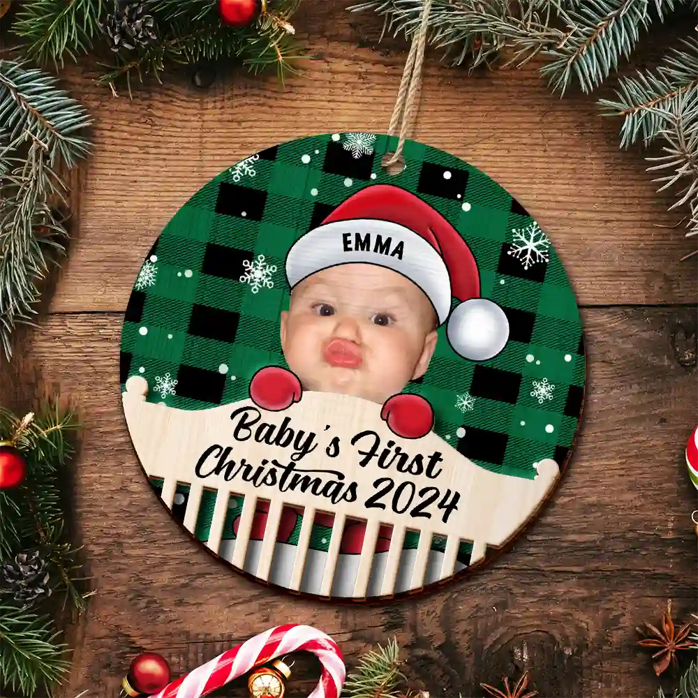 New baby, New Dad, New Mom - Custom Photo Christmas Baby Crib - Personalized 2-Layered Wooden Ornament