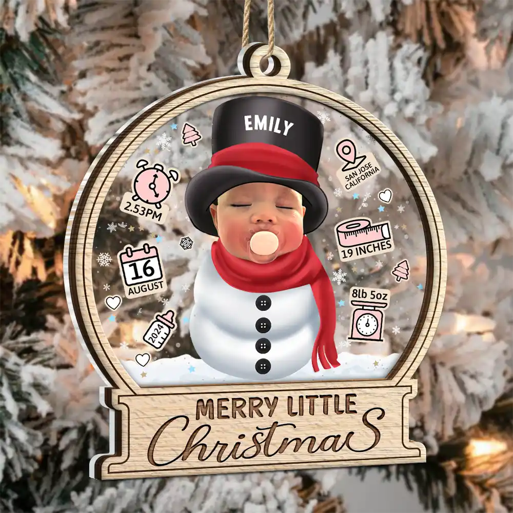 New baby - Custom Photo Little Snowman Baby Birth Stats - Personalized 2-Layered Mix Ornament