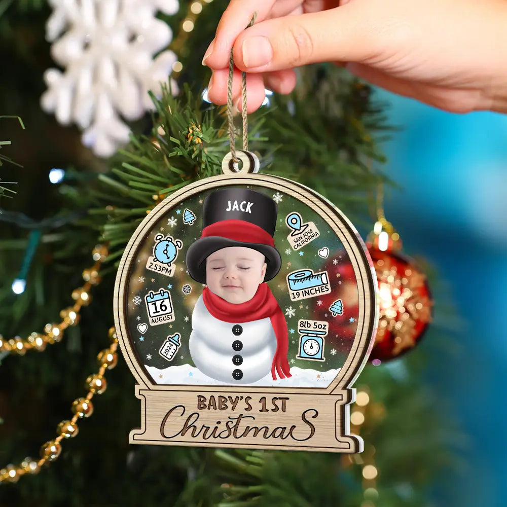 New baby - Custom Photo Little Snowman Baby Birth Stats - Personalized 2-Layered Mix Ornament