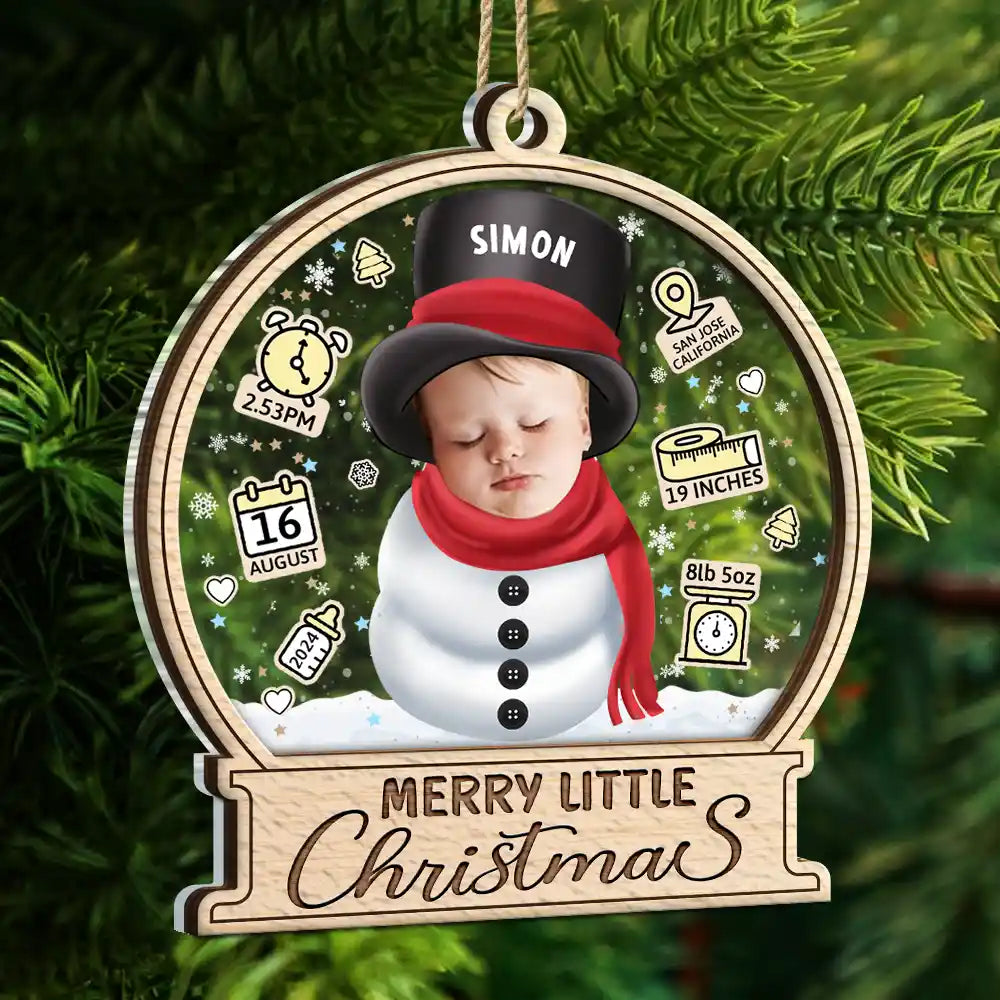 New baby - Custom Photo Little Snowman Baby Birth Stats - Personalized 2-Layered Mix Ornament