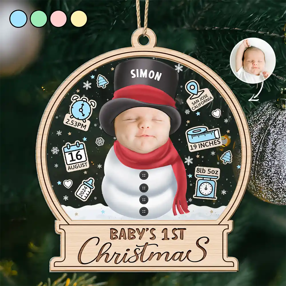 New baby - Custom Photo Little Snowman Baby Birth Stats - Personalized 2-Layered Mix Ornament