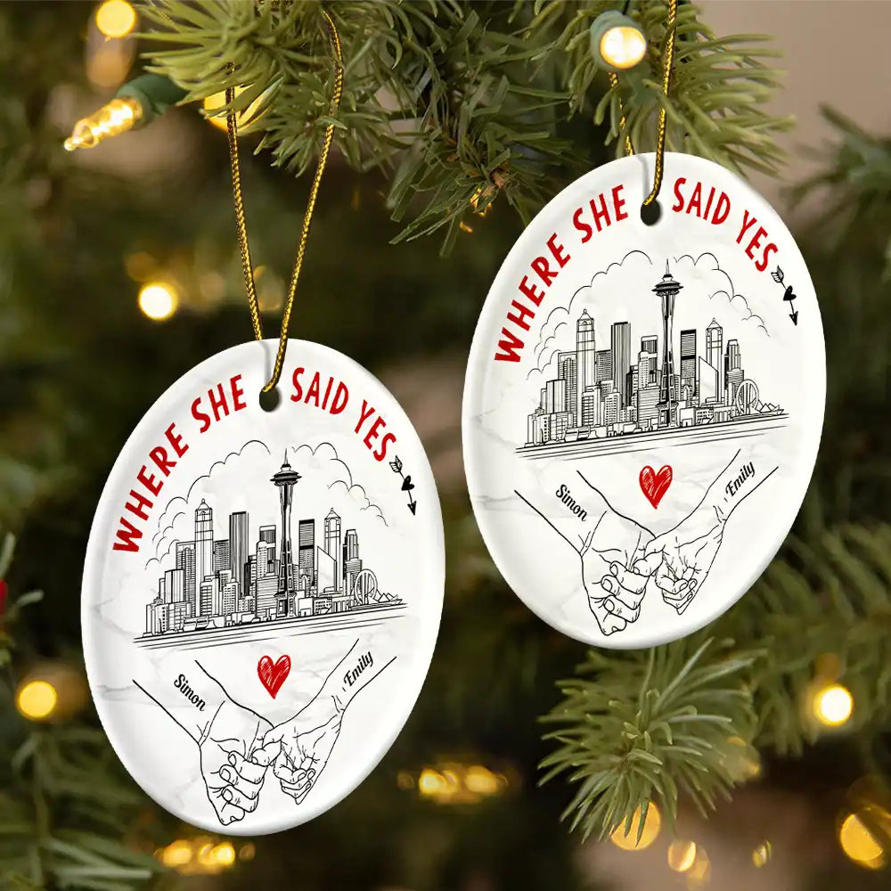 LGBT, Gift For Couples, Gift For Husband, Gift For Wife, Gift For Boyfriend, Gift For Girlfriend - Couple Holding Hands Where We Met US Skyline - Personalized Circle Ceramic Ornament