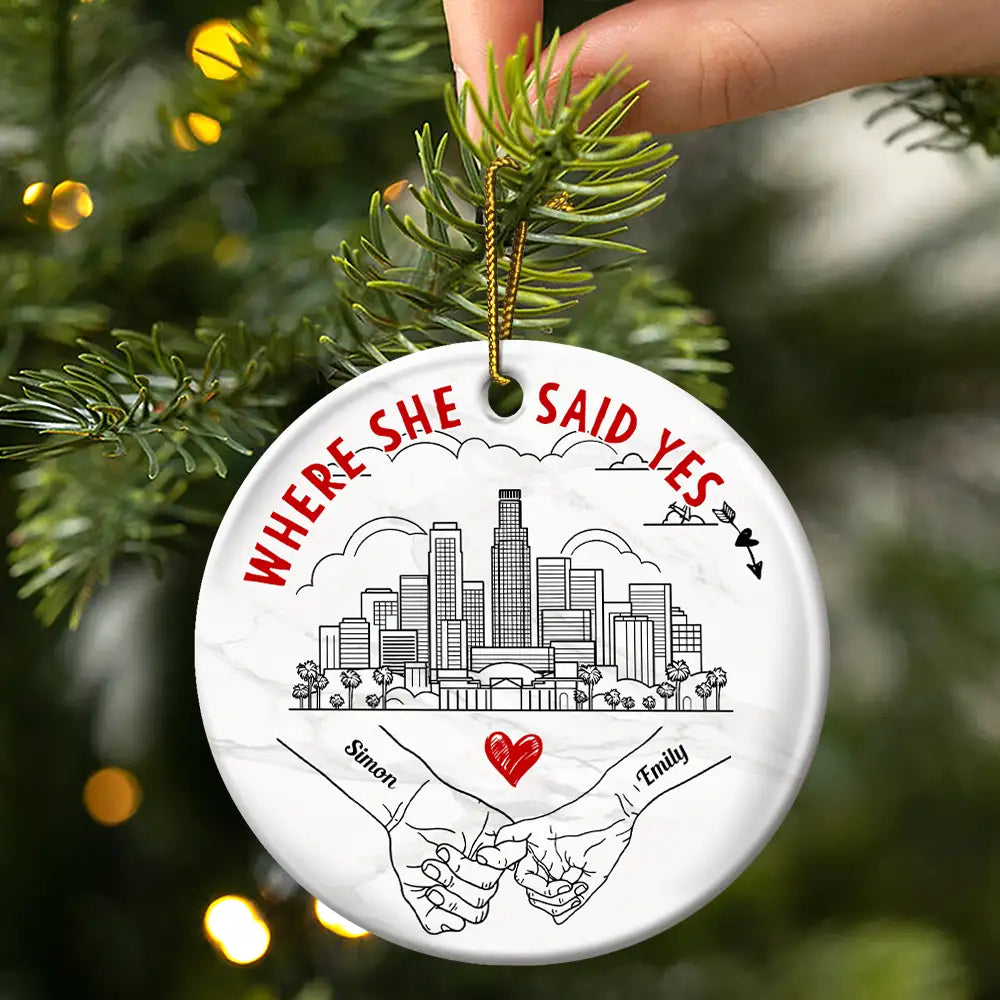 LGBT, Gift For Couples, Gift For Husband, Gift For Wife, Gift For Boyfriend, Gift For Girlfriend - Couple Holding Hands Where We Met US Skyline - Personalized Circle Ceramic Ornament