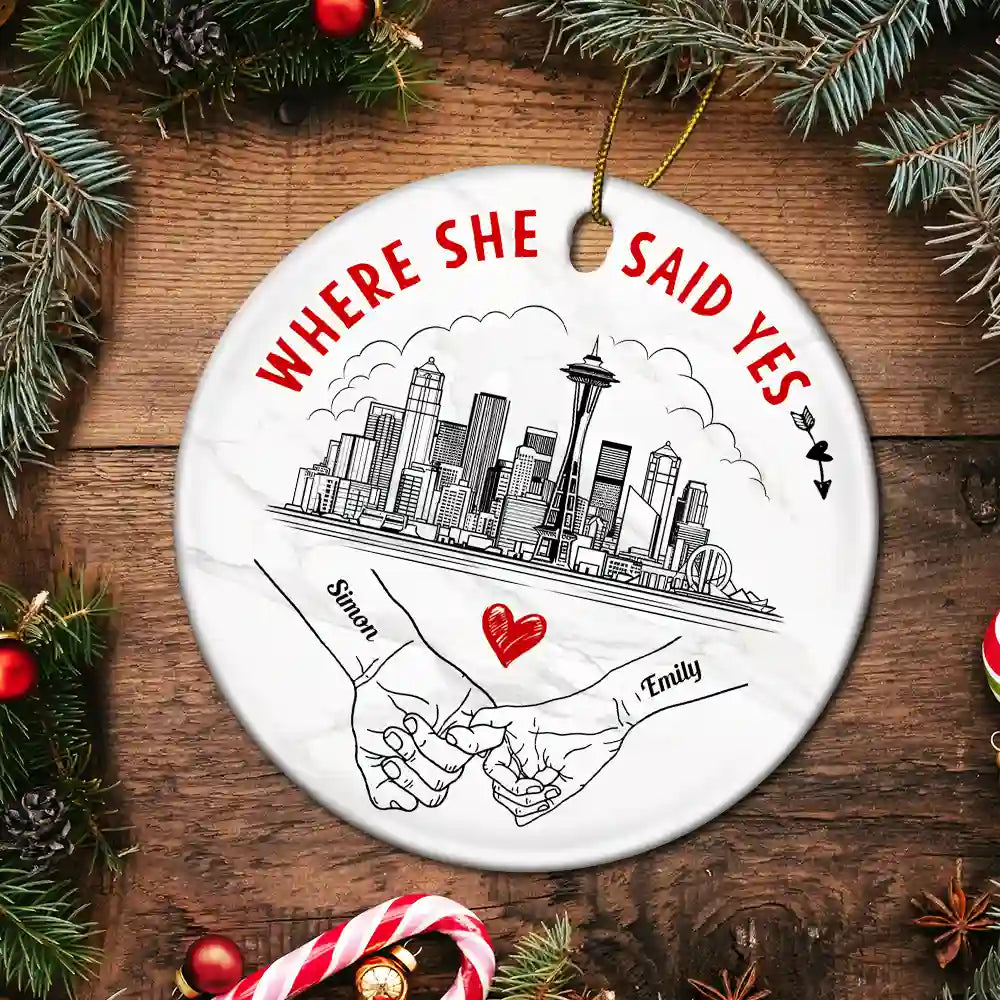 LGBT, Gift For Couples, Gift For Husband, Gift For Wife, Gift For Boyfriend, Gift For Girlfriend - Couple Holding Hands Where We Met US Skyline - Personalized Circle Ceramic Ornament