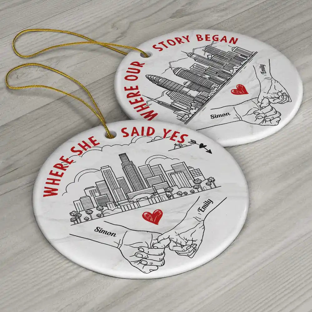 LGBT, Gift For Couples, Gift For Husband, Gift For Wife, Gift For Boyfriend, Gift For Girlfriend - Couple Holding Hands Where We Met US Skyline - Personalized Circle Ceramic Ornament