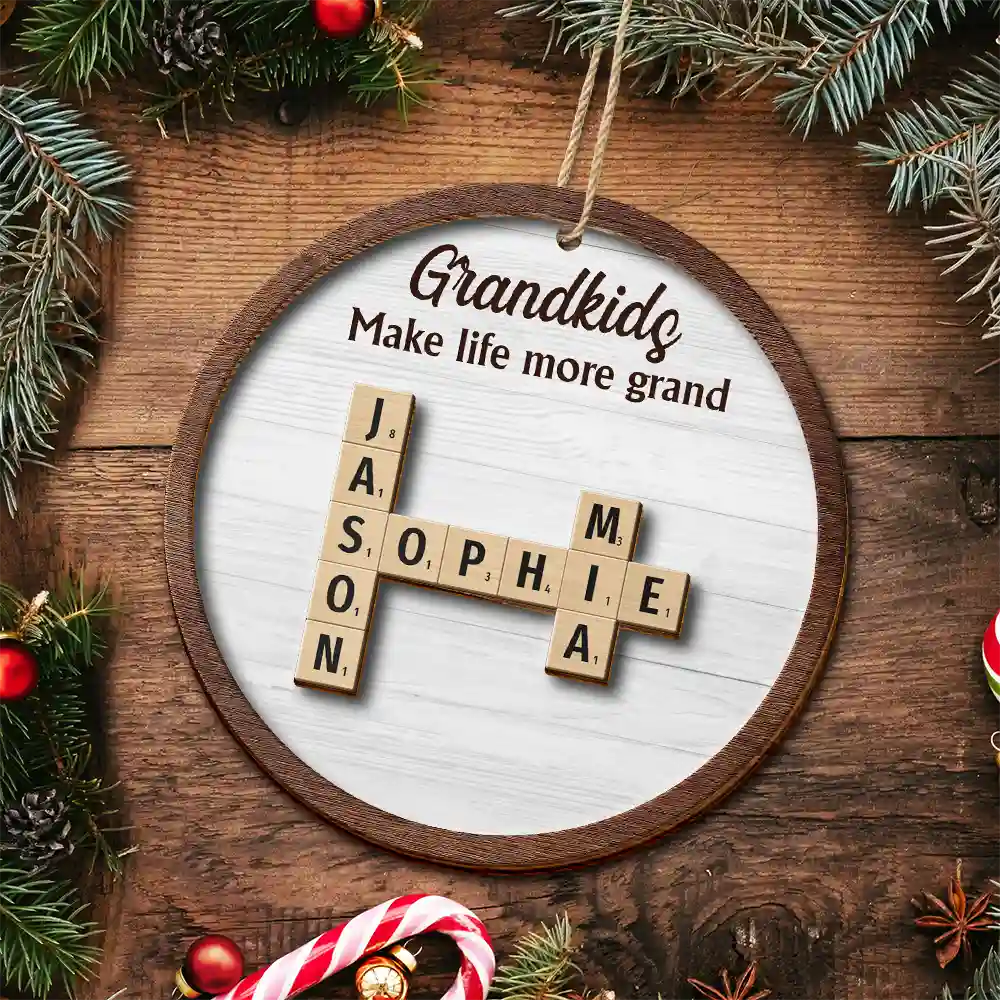 Gift For Grandparents, Gift For Grandma, Gift For Grandpa - Grandkids Christmas Crossword Scrabble - Personalized 2-Layered Wooden Ornament