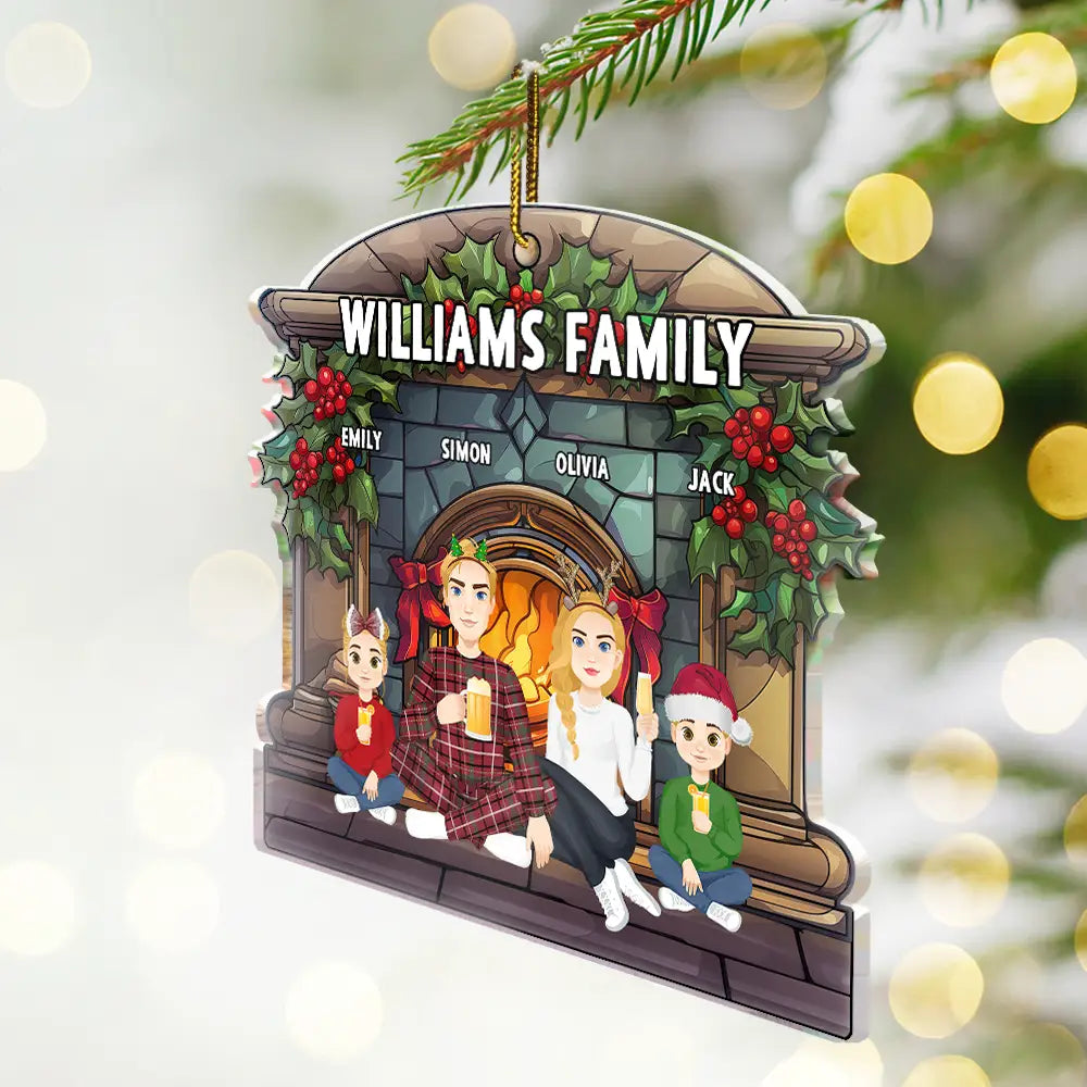 Christmas,Family,Happy - Christmas Family Fireplace Family Name - Personalized Custom Shaped Acrylic Ornament