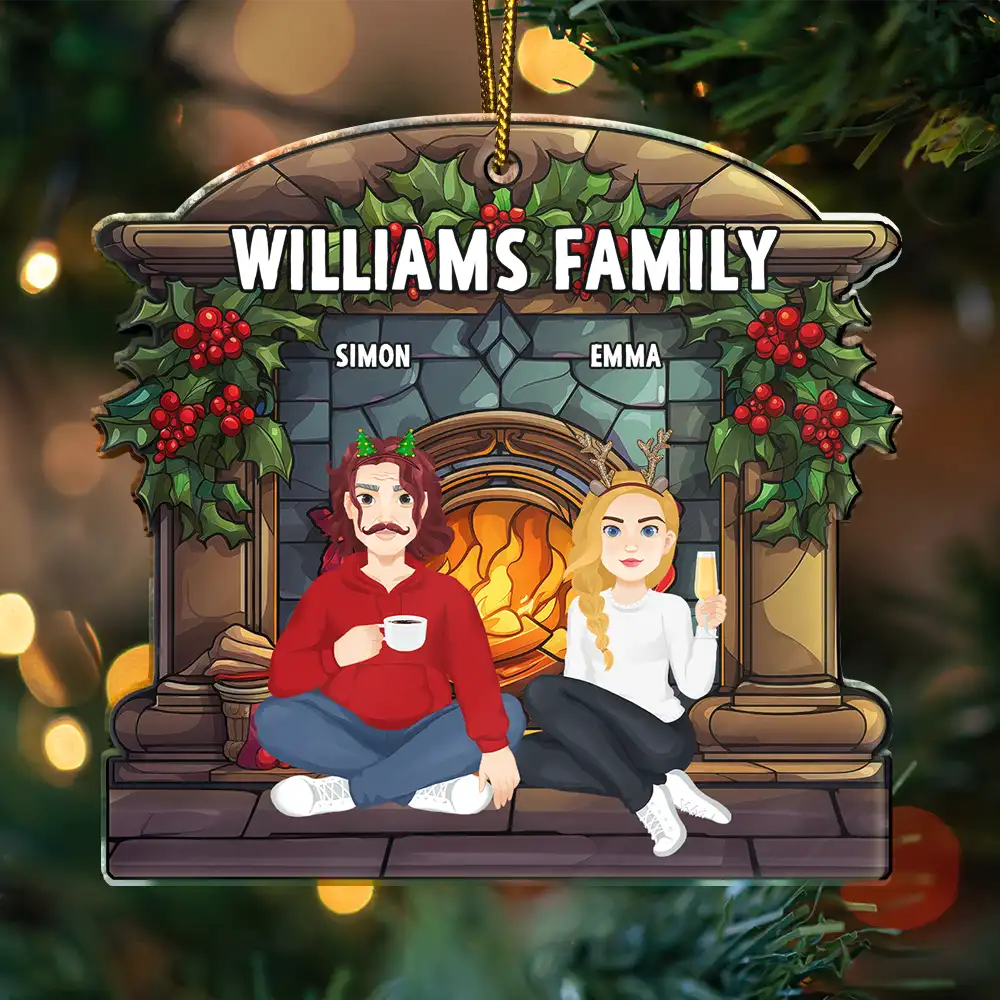 Christmas,Family,Happy - Christmas Family Fireplace Family Name - Personalized Custom Shaped Acrylic Ornament