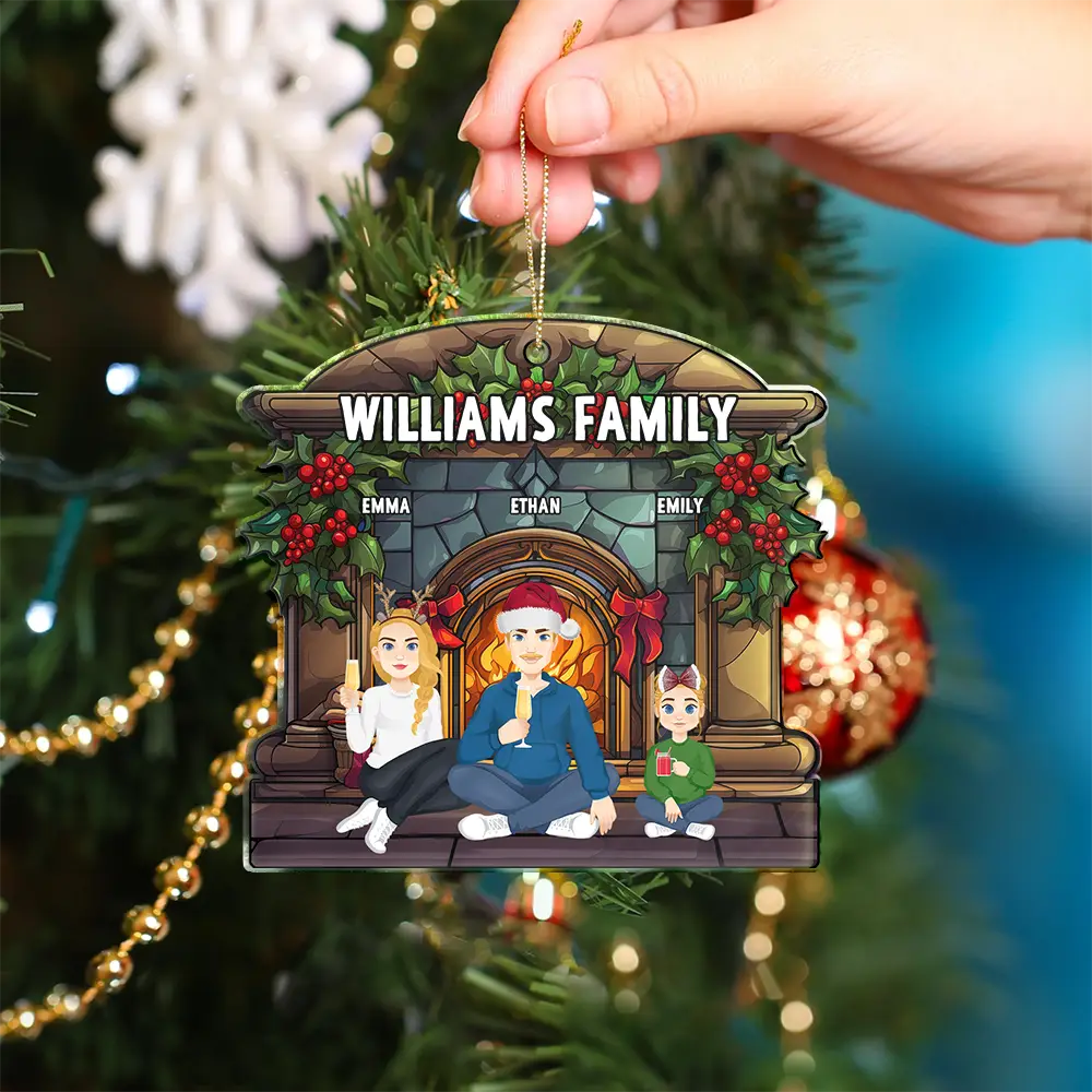 Christmas,Family,Happy - Christmas Family Fireplace Family Name - Personalized Custom Shaped Acrylic Ornament