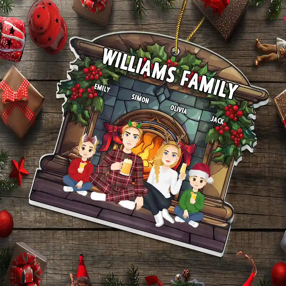 Christmas,Family,Happy - Christmas Family Fireplace Family Name - Personalized Custom Shaped Acrylic Ornament