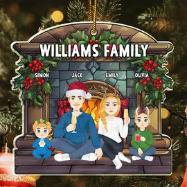 Christmas,Family,Happy - Christmas Family Fireplace Family Name - Personalized Custom Shaped Acrylic Ornament