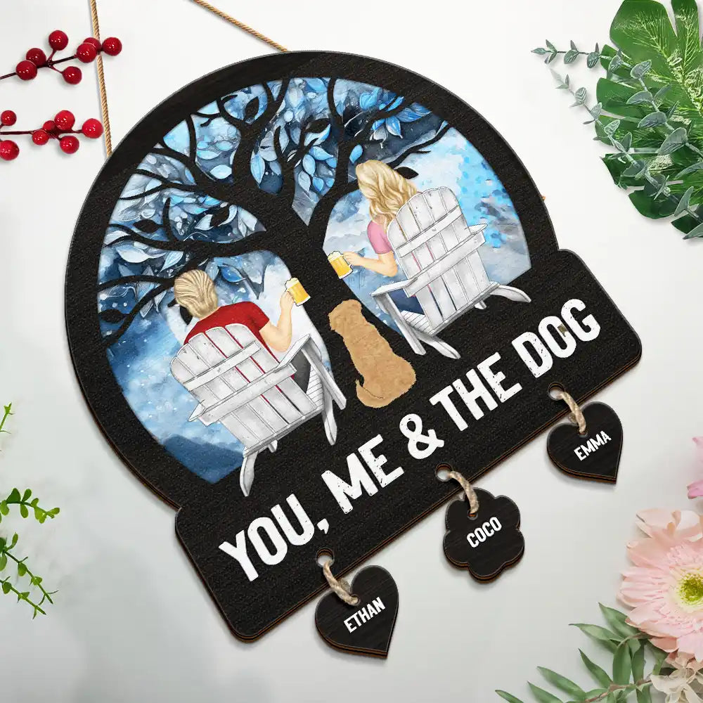 Gift For Couples, Gift For Husband, Gift For Wife, Gift For Boyfriend, Gift For Girlfriend, Dog Lovers, Pet Lovers, Dog Mom, Dog Couple, Dog Dad, Pet Dad, Pet Mom, Pet Couple - Four Seasons You, Me And The Dog - Personalized Custom Shaped Wood Sign With Wooden Tags