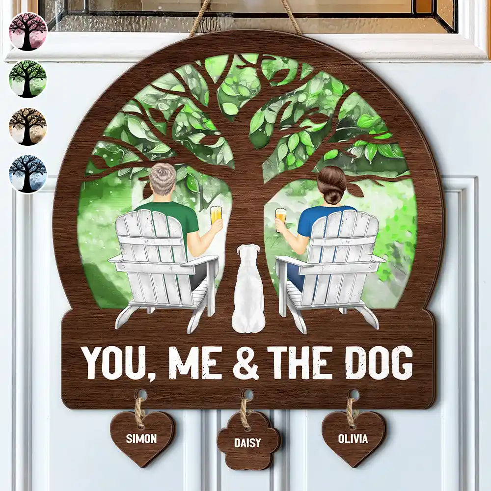 Gift For Couples, Gift For Husband, Gift For Wife, Gift For Boyfriend, Gift For Girlfriend, Dog Lovers, Pet Lovers, Dog Mom, Dog Couple, Dog Dad, Pet Dad, Pet Mom, Pet Couple - Four Seasons You, Me And The Dog - Personalized Custom Shaped Wood Sign With Wooden Tags