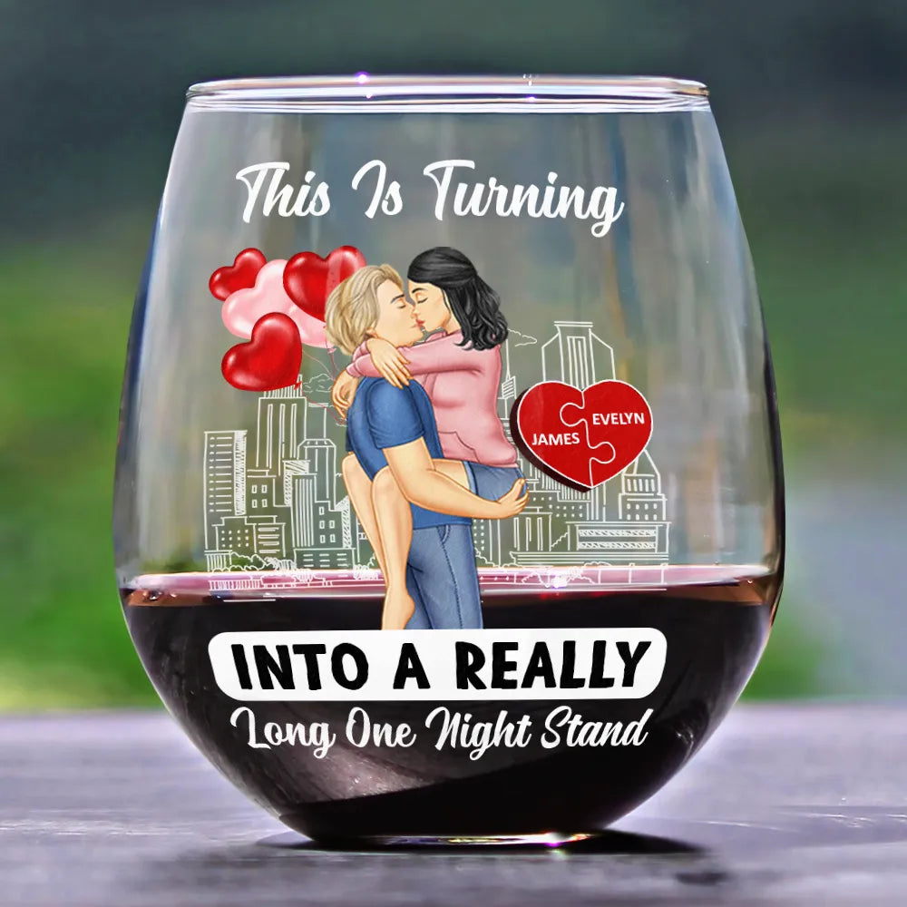 Gift For Couples, Gift For Husband, Gift For Wife, Gift For Boyfriend, Gift For Girlfriend - Kissing Couple Into A Really Long One Night Stand - Personalized Stemless Wine Glass