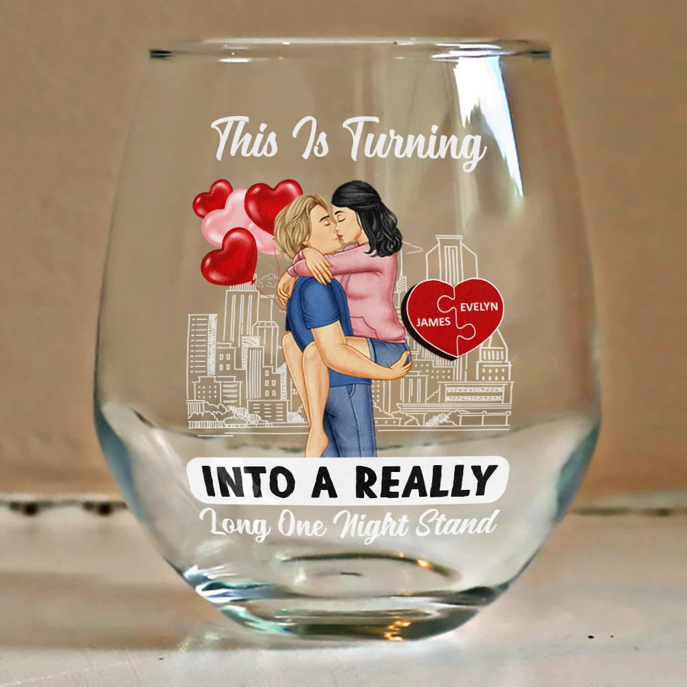 Gift For Couples, Gift For Husband, Gift For Wife, Gift For Boyfriend, Gift For Girlfriend - Kissing Couple Into A Really Long One Night Stand - Personalized Stemless Wine Glass