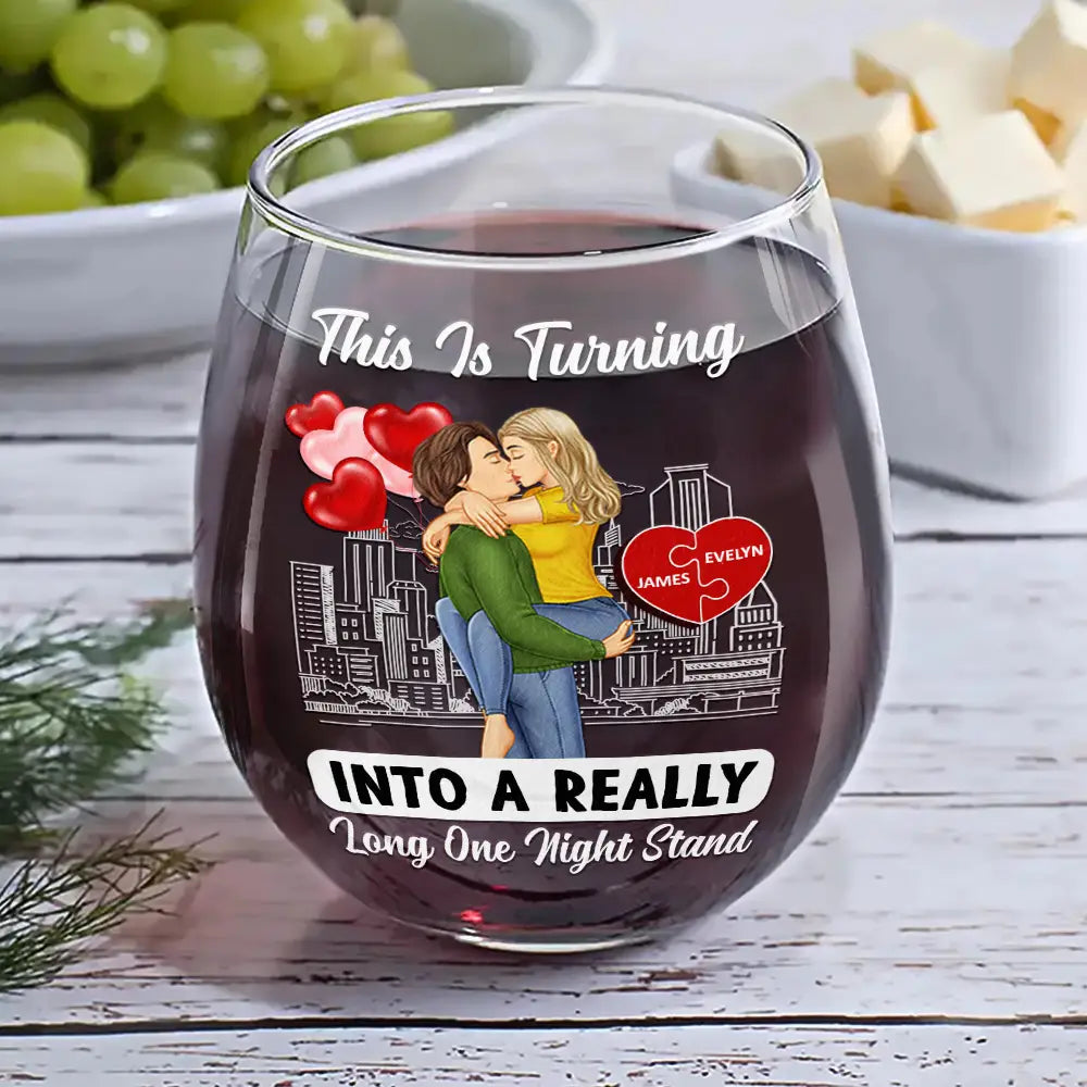 Gift For Couples, Gift For Husband, Gift For Wife, Gift For Boyfriend, Gift For Girlfriend - Kissing Couple Into A Really Long One Night Stand - Personalized Stemless Wine Glass