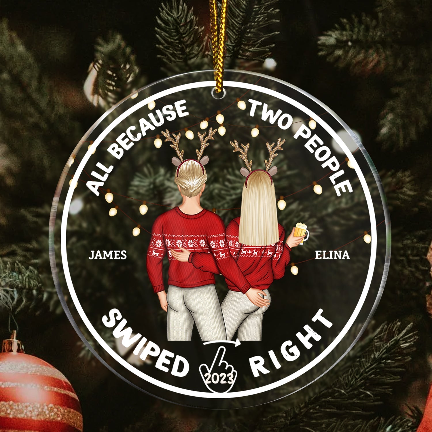 Christmas Couple All Because Swiped Right - Gift For Couples - Personalized Circle Acrylic Ornament