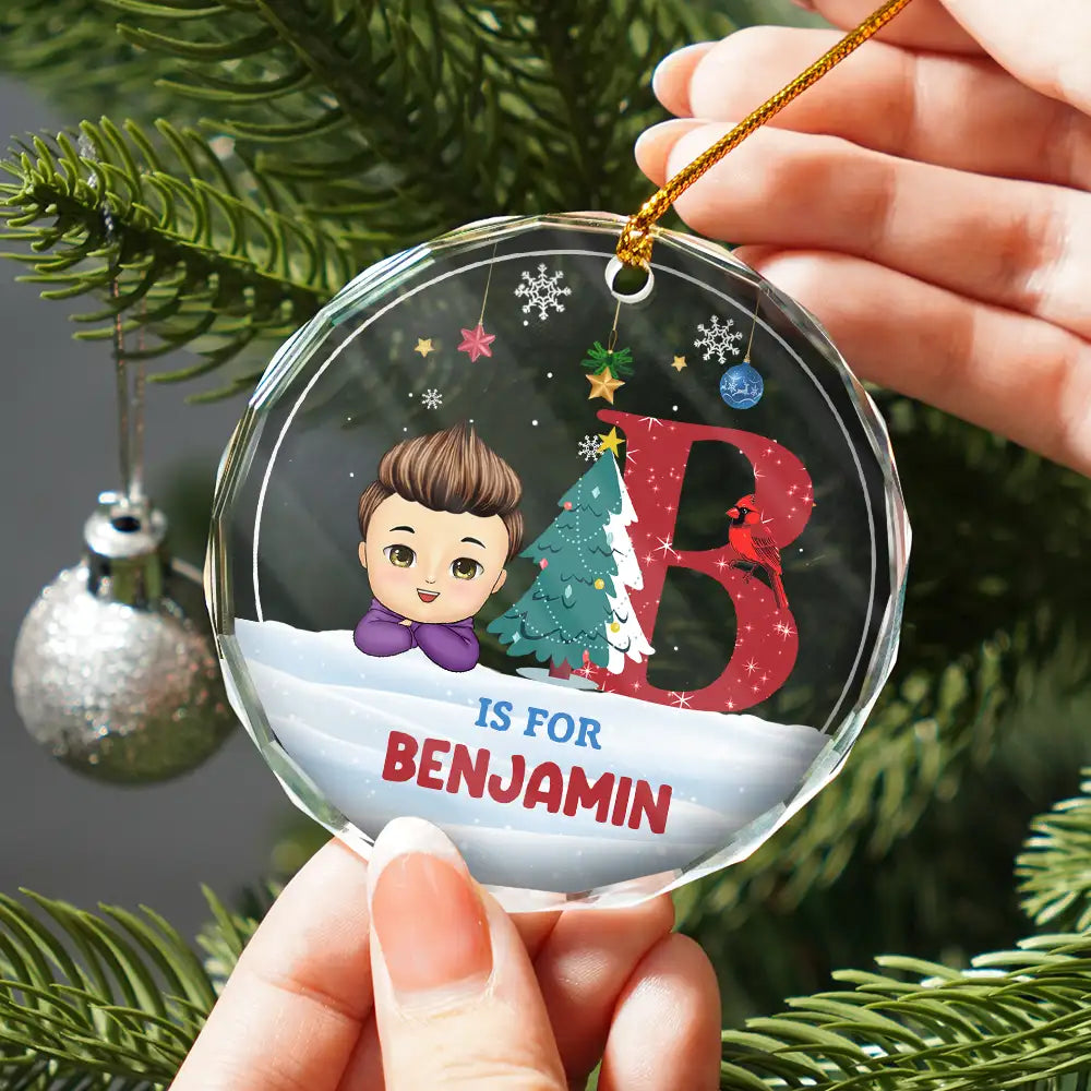 Christmas Kids Monogram - Personalized Circle Glass Ornament