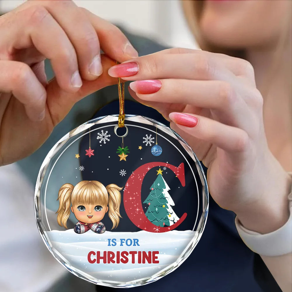 Christmas Kids Monogram - Personalized Circle Glass Ornament