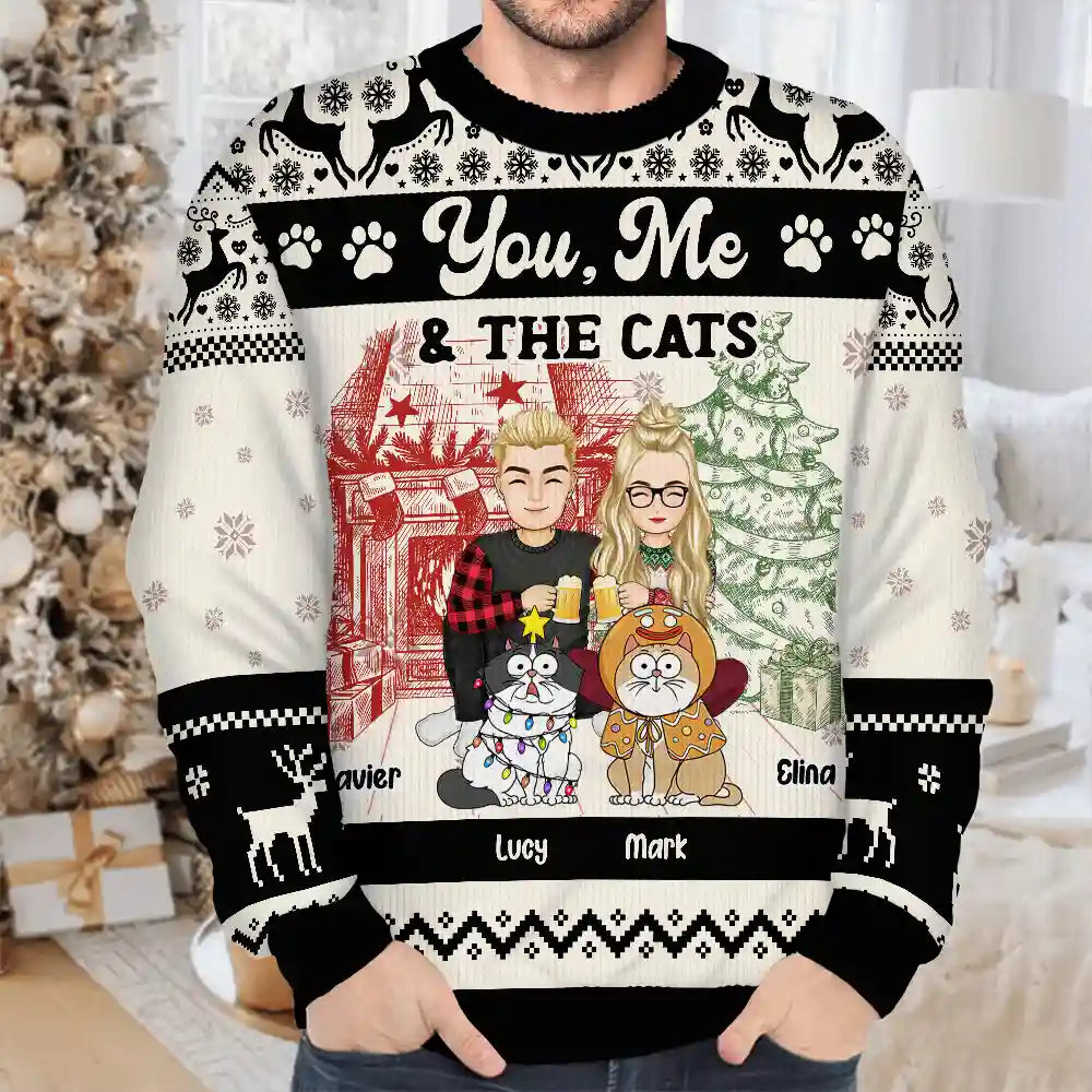 Gift For Couples - You, Me And The Cats - Personalized Unisex Ugly Sweater