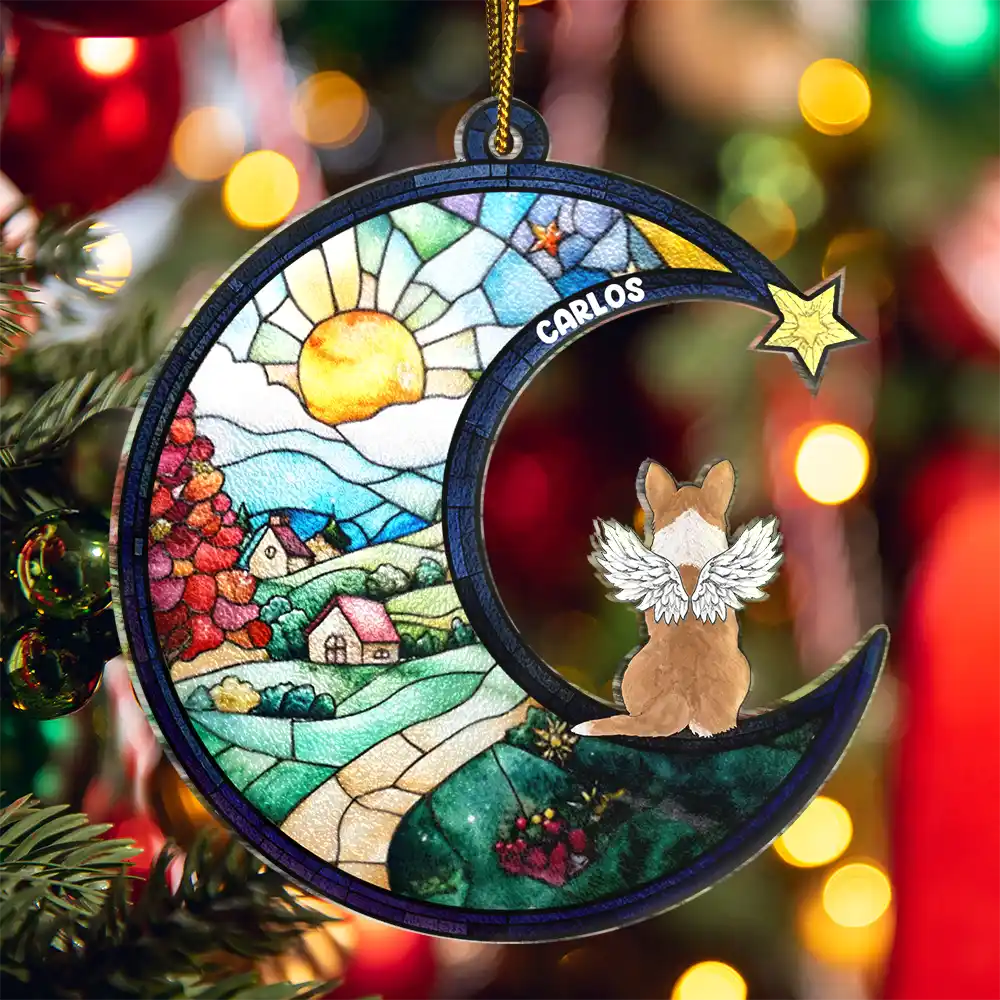 Dog Lovers,Cat Lovers,Pet Lovers - Christmas Memorial Dog Cat Sitting On The Moon - Personalized Cutout Acrylic Ornament