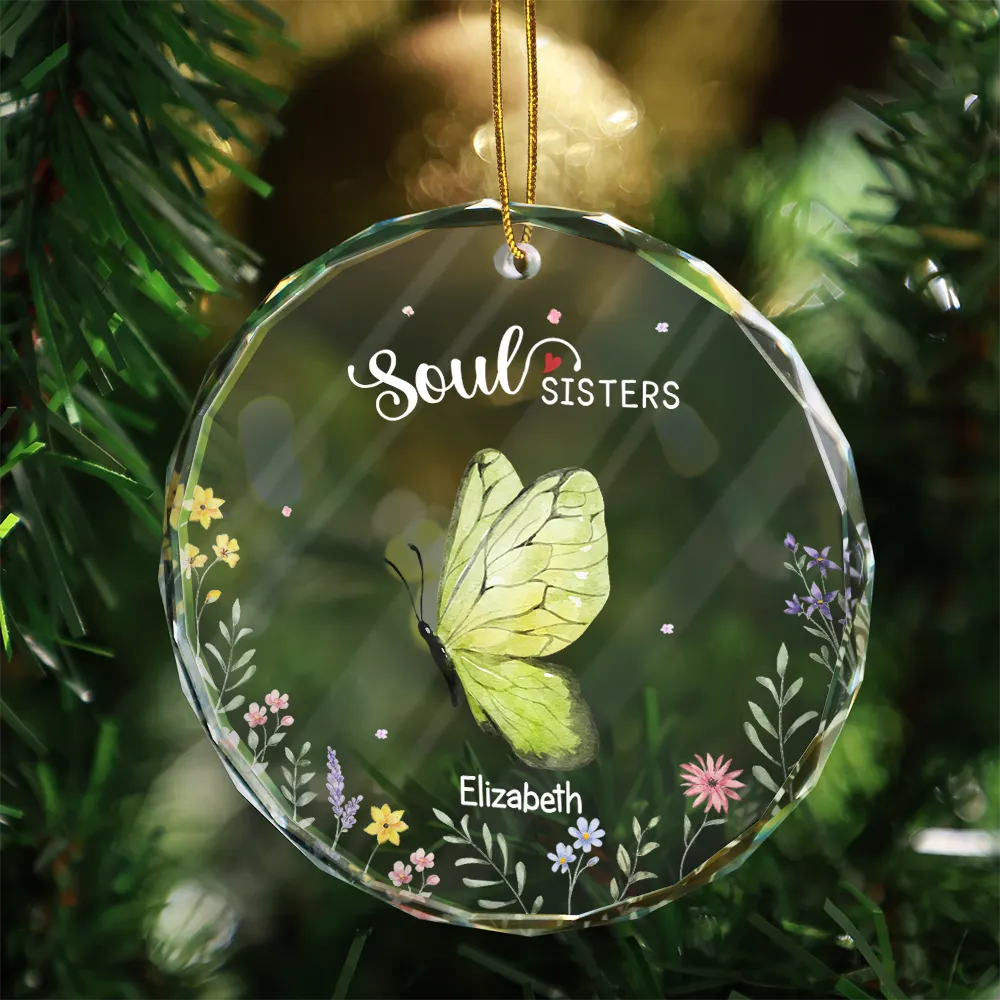 Gift For Bestie, Gift For Sisters - Besties Sisters Forever Butterfly - Personalized Circle Glass Ornament