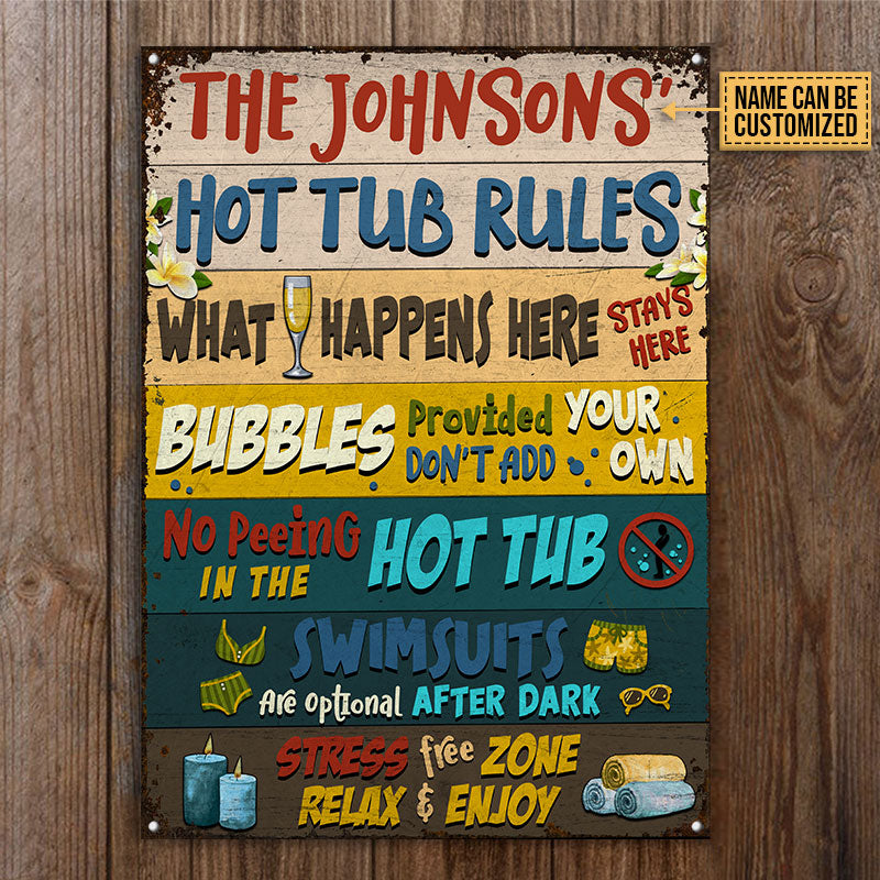 Hot Tub Rules What Happens Here Custom Classic Metal Signs, Hot Tub Decorating Ideas