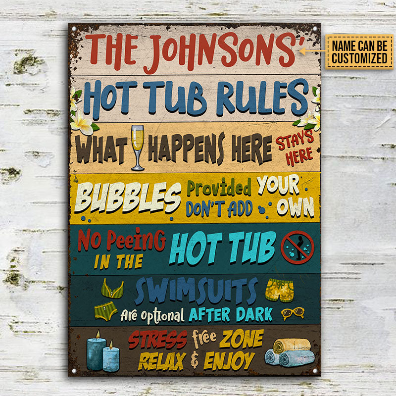 Hot Tub Rules What Happens Here Custom Classic Metal Signs, Hot Tub Decorating Ideas