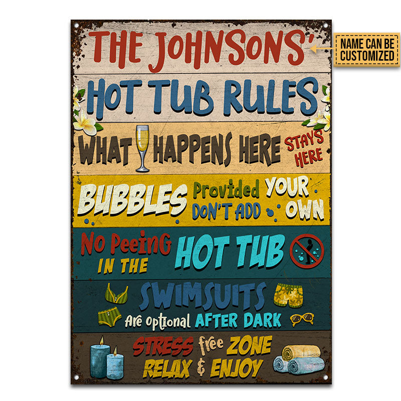 Hot Tub Rules What Happens Here Custom Classic Metal Signs, Hot Tub Decorating Ideas