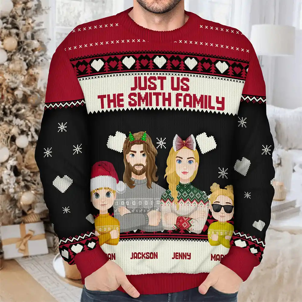 Christmas Just Us Family Flat Art - Personalized Unisex Ugly Sweater