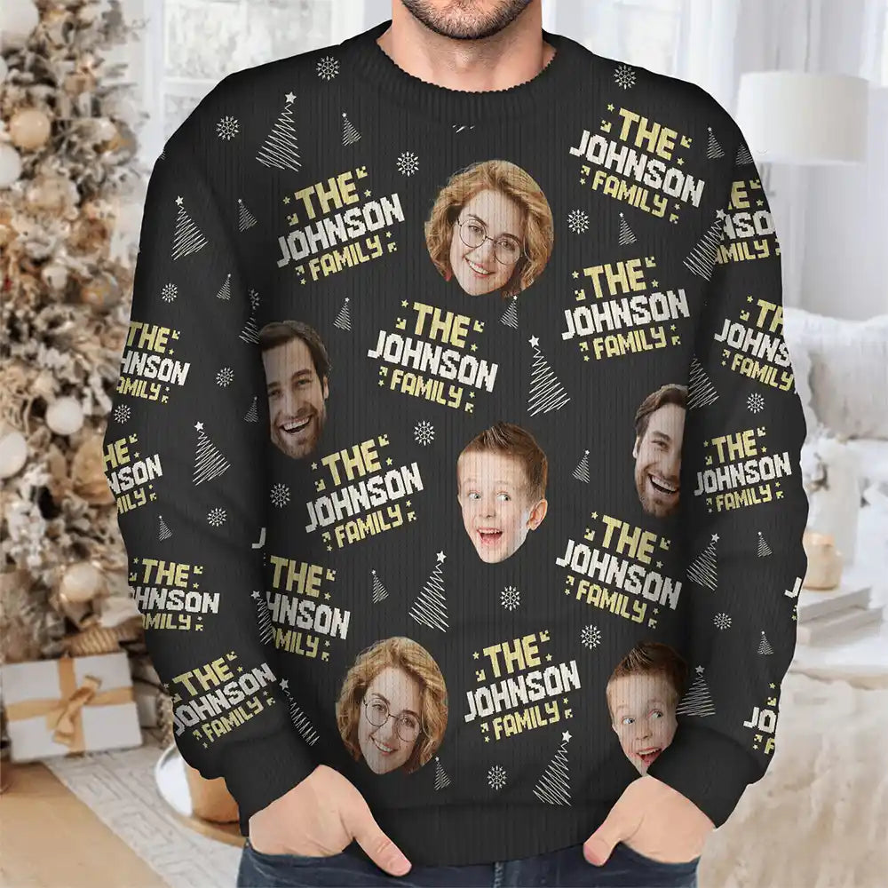 Christmas,Family,Custom Photo,Happy - Custom Photo Family Name - Personalized Unisex Ugly Sweater