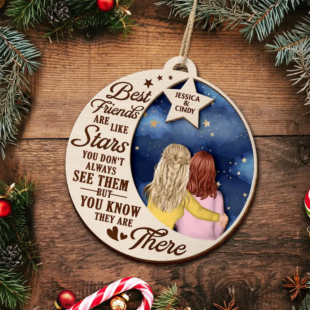 Bestie, Gift For Bestie - Best Friends Are Like Stars - Personalized 2-Layered Wooden Ornament