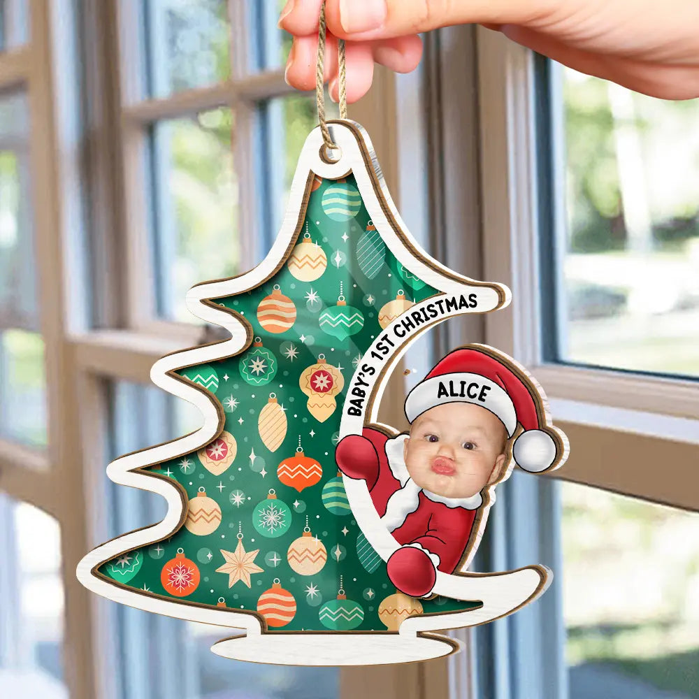 Gift For Kids, New Baby - Custom Photo Christmas Tree Baby Santa - Personalized Suncatcher Ornament