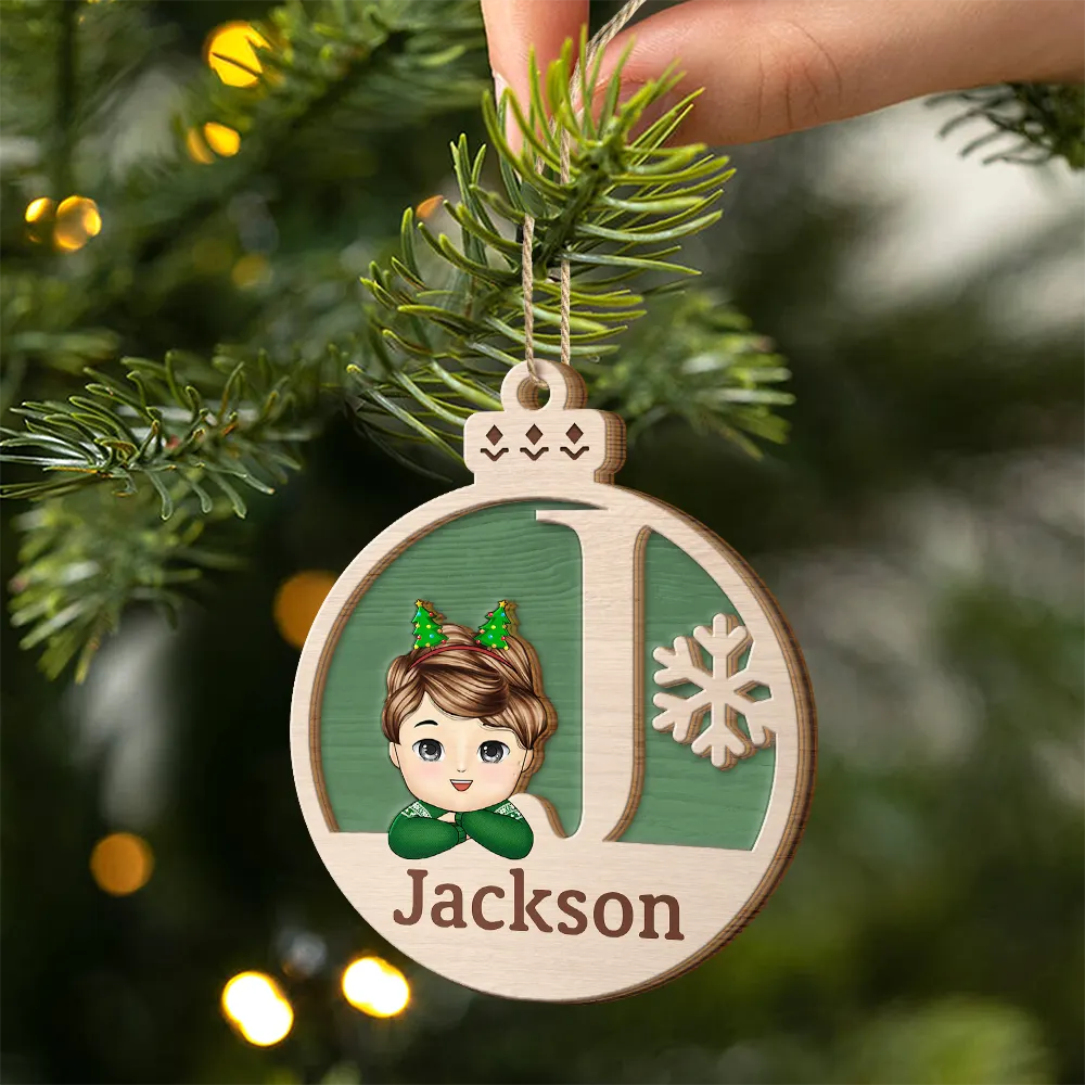 Gift For Kids - Christmas Kids Monogram - Personalized 2-Layered Wooden Ornament