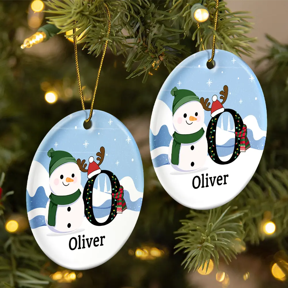 Gift For Kids - Christmas Snowman Monogram - Personalized Circle Ceramic Ornament