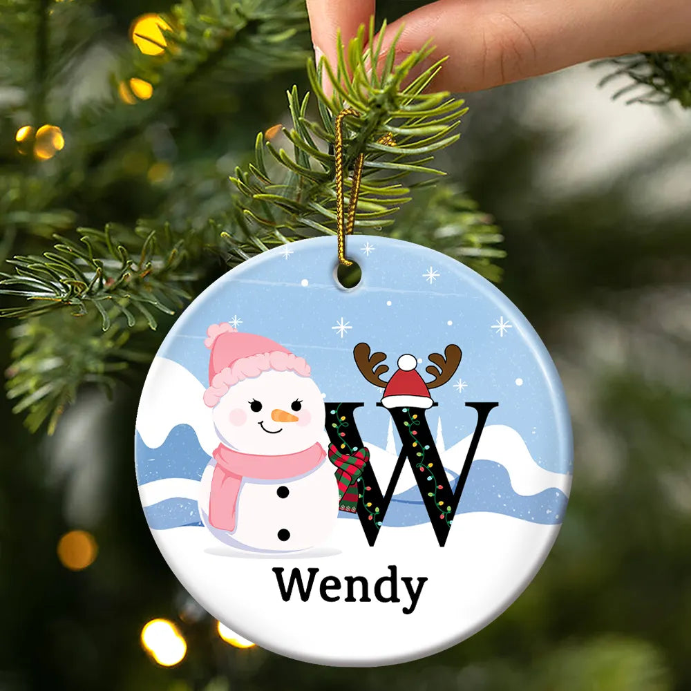 Gift For Kids - Christmas Snowman Monogram - Personalized Circle Ceramic Ornament