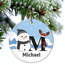 Gift For Kids - Christmas Snowman Monogram - Personalized Circle Ceramic Ornament