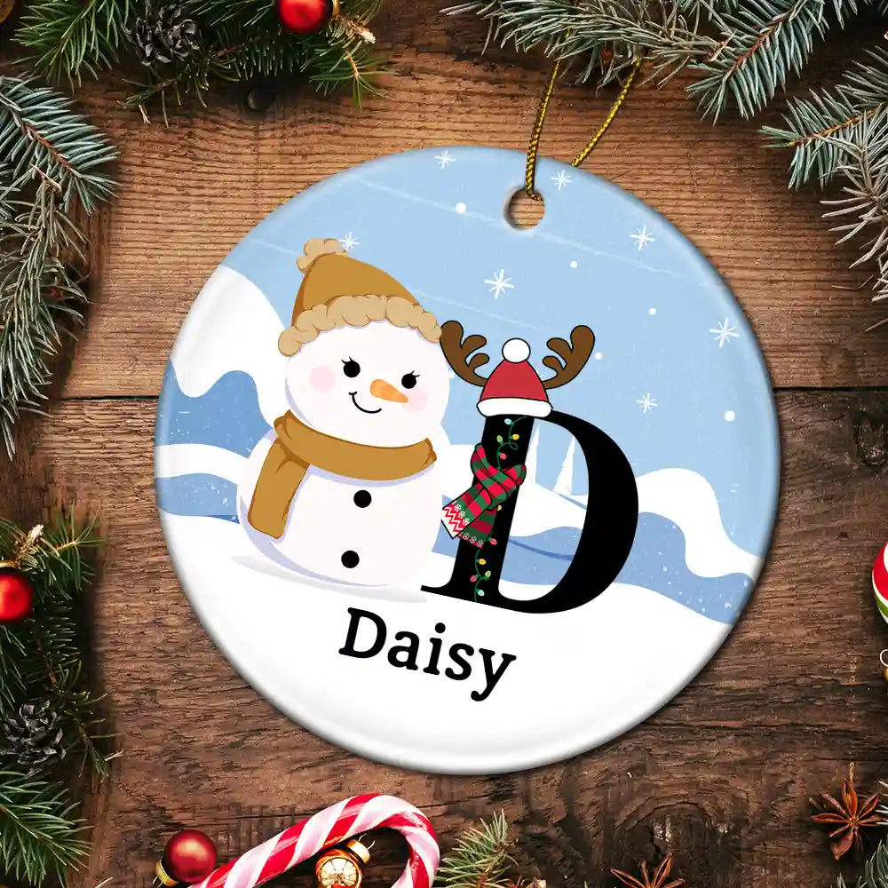 Gift For Kids - Christmas Snowman Monogram - Personalized Circle Ceramic Ornament