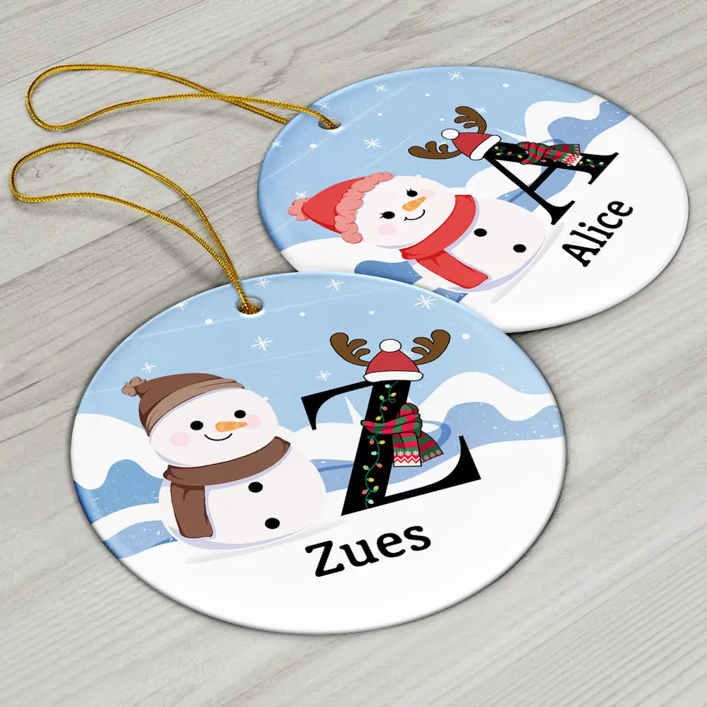 Gift For Kids - Christmas Snowman Monogram - Personalized Circle Ceramic Ornament