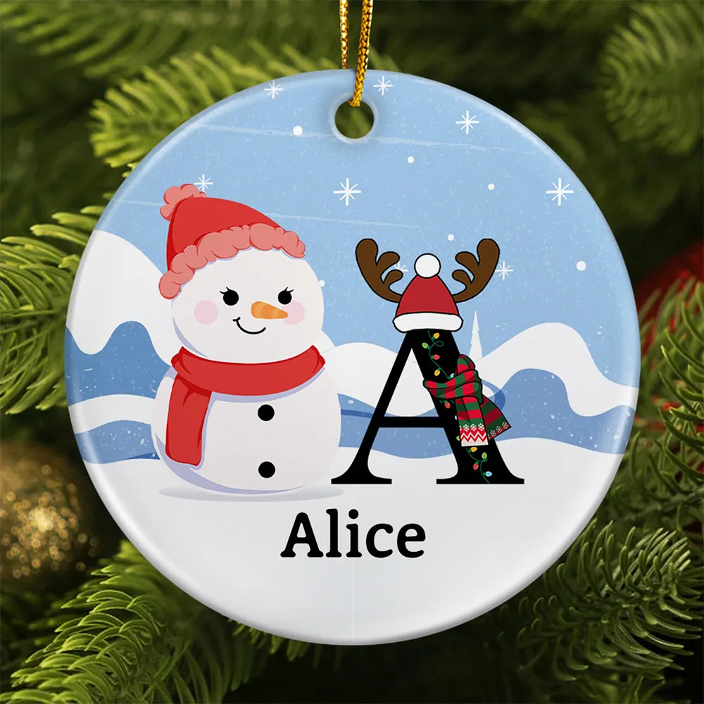 Gift For Kids - Christmas Snowman Monogram - Personalized Circle Ceramic Ornament