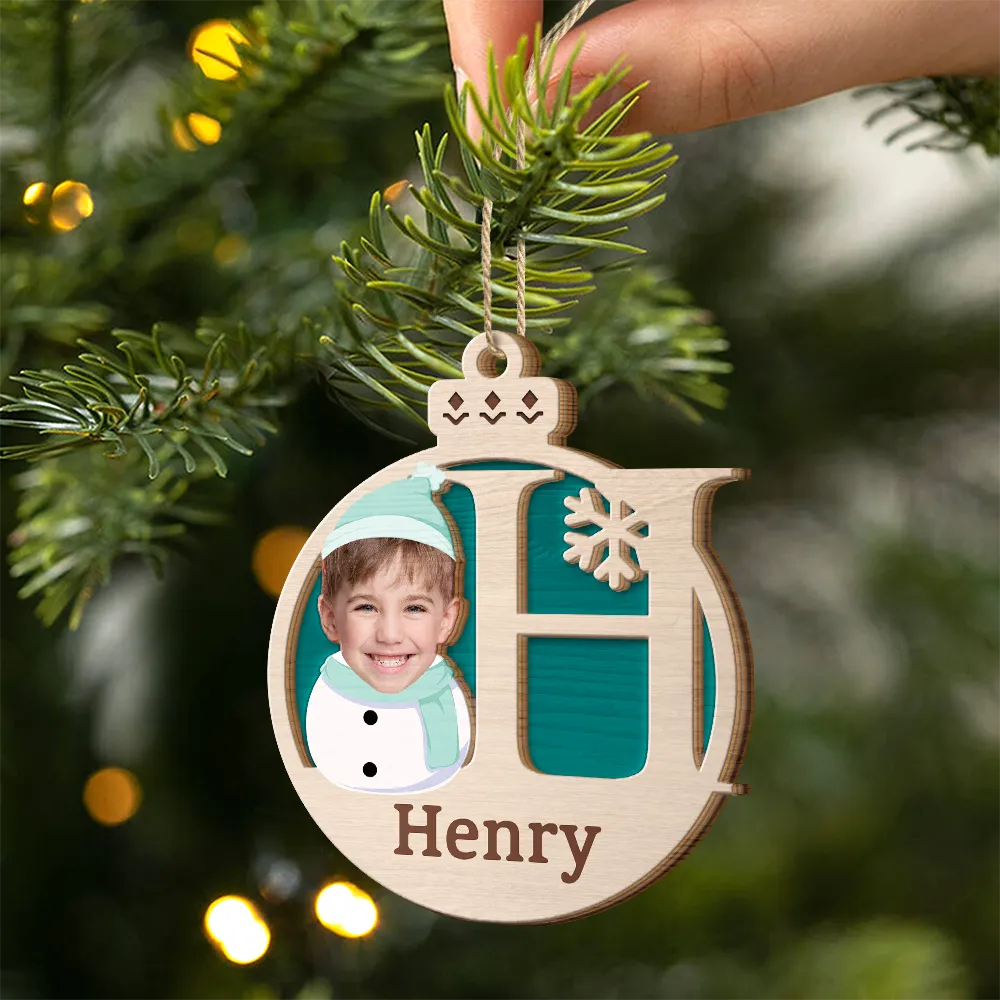 Gift For Kids - Custom Photo Christmas Snowman Monogram - Personalized 2-Layered Wooden Ornament