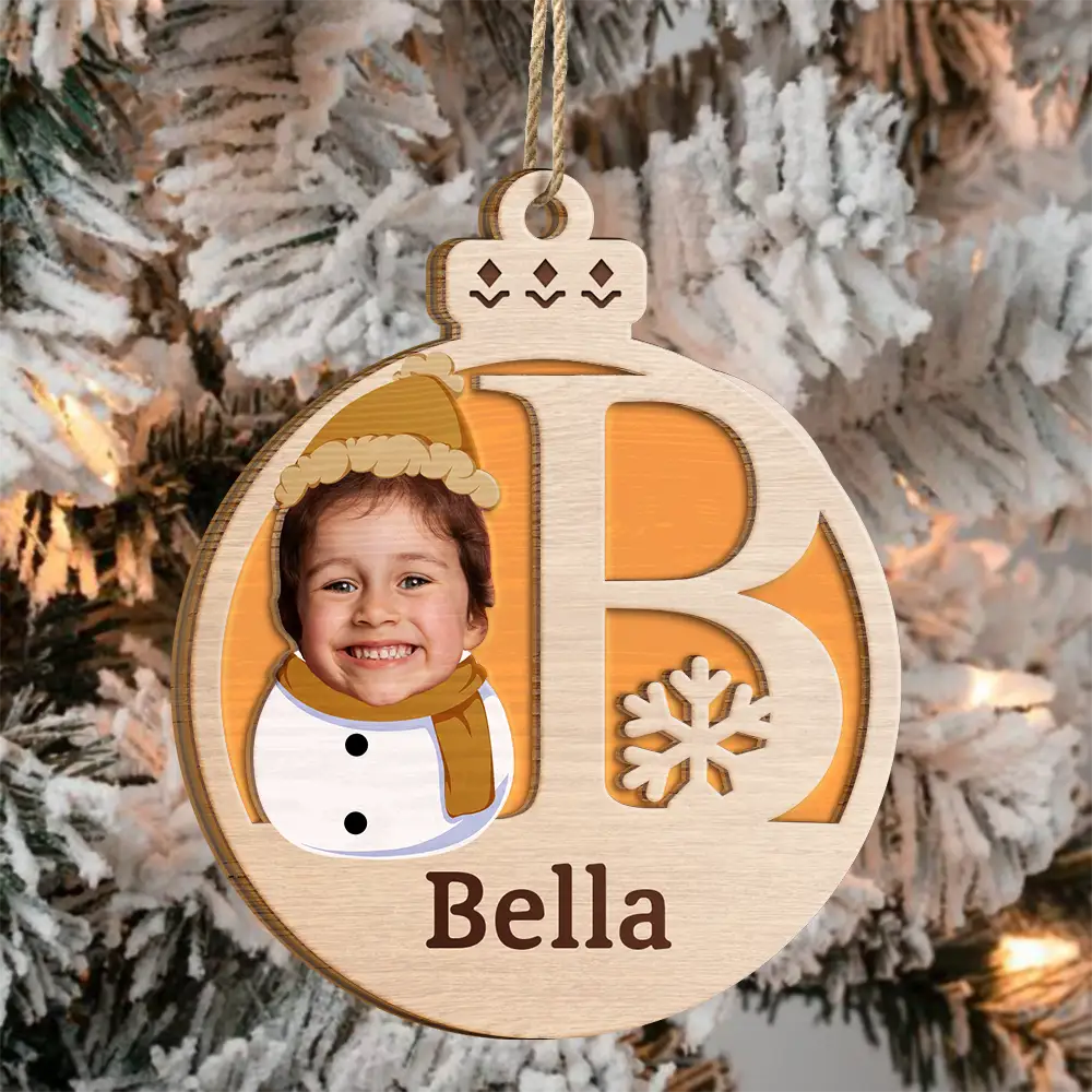 Gift For Kids - Custom Photo Christmas Snowman Monogram - Personalized 2-Layered Wooden Ornament