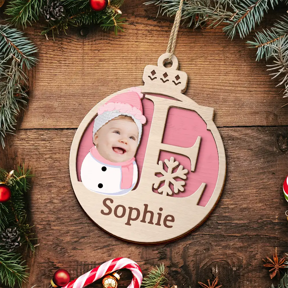 Gift For Kids - Custom Photo Christmas Snowman Monogram - Personalized 2-Layered Wooden Ornament