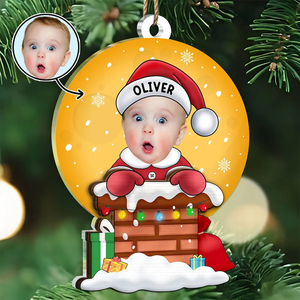 New baby, New Dad, New Mom - Custom Photo Christmas Santa Baby Down The Chimney - Personalized 2-Layered Mix Ornament