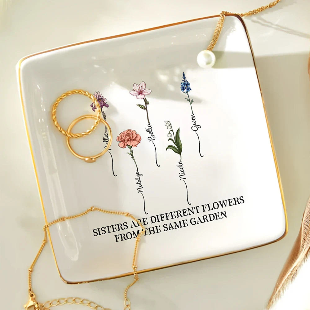 Gift For Sisters - Birth Flower Sisters From The Same Garden - Personalized Ring Dish