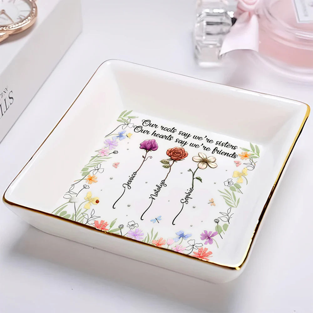 Gift For Sisters - Sisters Birth Flower From The Same Garden - Personalized Ring Dish
