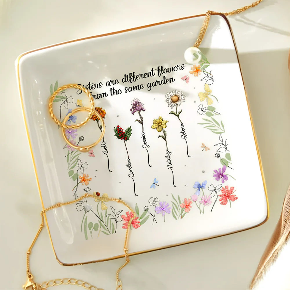 Gift For Sisters - Sisters Birth Flower From The Same Garden - Personalized Ring Dish
