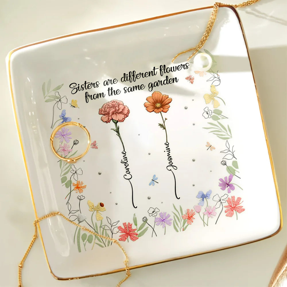 Gift For Sisters - Sisters Birth Flower From The Same Garden - Personalized Ring Dish
