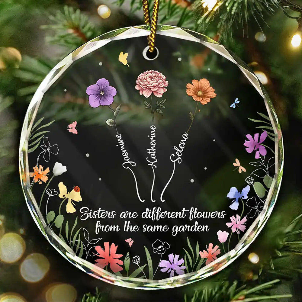 Gift For Sisters - Growing Birth Flower Sisters From The Same Garden - Personalized Circle Glass Ornament